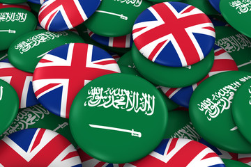 Saudi Arabia and UK Badges Background - Pile of Saudi Arabian and British Flag Buttons 3D Illustration