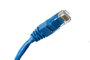 Blue twisted pair patch cord on white background isolated