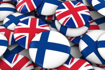 Finland and UK Badges Background - Pile of Finnish and British Flag Buttons 3D Illustration