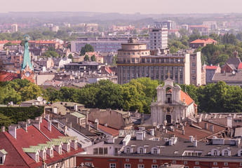 Fototapeta na wymiar Krakow old city with Piarist fathers church seen from above