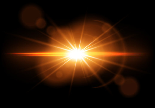 Golden glowing light effect. Lens Flare. Sun flash with rays. Vector illustration Stock Vector | Stock