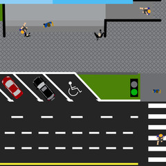 Plot road, highway, street, with the store. With a variety of cars in the parking lot. The intersection and parking cards. Top view of the highway illustration