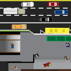 Plot road, highway, street, with the store. Underground crossing. Crossroads. Bus stop. With different cars. Top view of the highway illustration