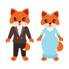 Cute cartoon dressed up foxes isolated on white background. Flat vector illustration.