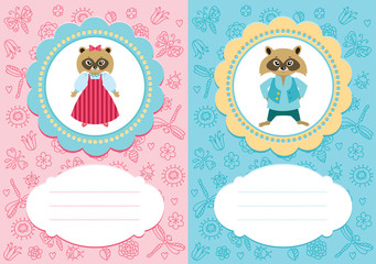Baby-girl and baby-boy cards with cute little raccoons. Some blank space for your text included.
