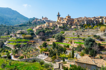 Valldemossa, mallorca, cityscape skyline view from the distance with clear sky, majorca spain