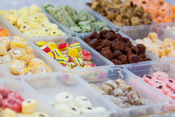 Assorted candy in a market. colorful candies and jellies