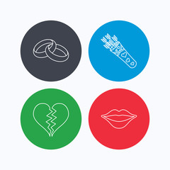 Broken heart, kiss and wedding rings icons.