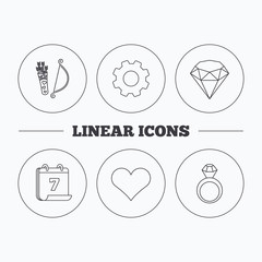 Love heart, brilliant and engagement ring icons.