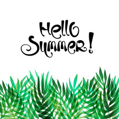 hello summer lettering and exotic leaves vector background. Abstract summer