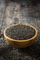 Chia seeds in a bowl on wooden table

