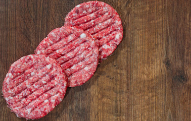 Raw Ground beef meat Burger steak cutlets on wooden table with copy space. top view