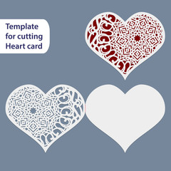 Paper openwork  wedding card, heart shape,  greeting postcard, template for cutting, lace imitation,  gift on Valentine's Day, love letter,  curve plotter,   vector illustration