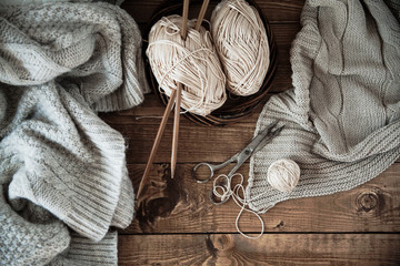 ball of yarn and knitting at home