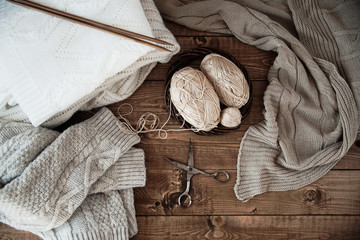 ball of yarn and knitting at home