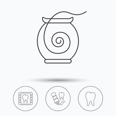 Dental floss, tooth and toothpaste icons.