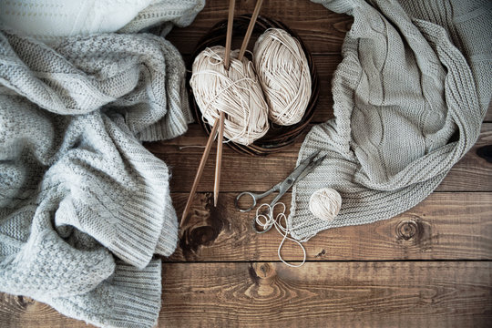 ball of yarn and knitting at home