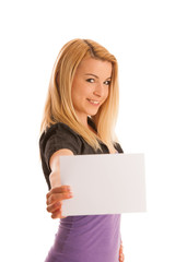Naklejka premium Beautiful blonde woman with blank banner for commercials isolate