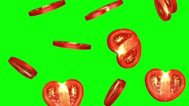 Round slices of tomato falling on green screen, seamless loop, CG