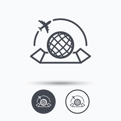 World map icon. Plane travel sign.