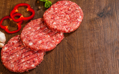 Raw Ground beef meat Burger steak cutlets on wooden table with copy space. top view