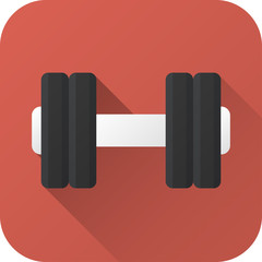 Vector illustration. Toy dumbbell in flat design with long shadow. Square shape icon in simple design. Icon vector size 1024 corner radius 180