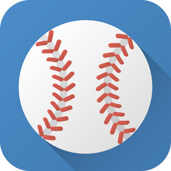 Vector illustration. Toy leather baseball ball in flat design with long shadow. Square shape icon in simple design. Icon vector size 1024 corner radius 180