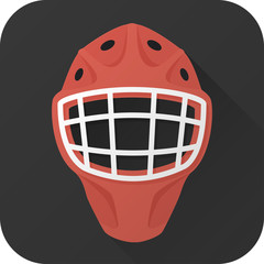 Obraz premium Vector illustration. Toy hockey goalie helmet in flat design with long shadow. Square shape icon in simple design. Icon vector size 1024 corner radius 180