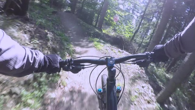 Mountain biker riding on bike in the forest mountains landscape. Man cycling MTB on enduro trail path.
