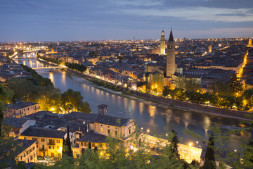 Verona, Veneto, Italy. The old city of Verona during sunset.