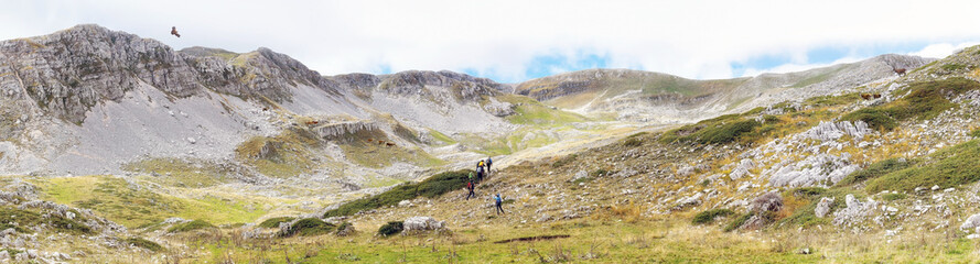 Fototapeta na wymiar panoramic photo of a valley in Abruzzo, Italy. At the center, some hikers climb the valley, on the right and left some deer observe an eagle flies over the mountains.
