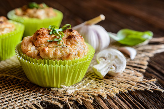Savory muffins with mushrooms, eggs, green onion and basil