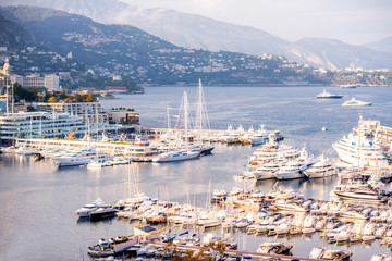 Landscape view on the bay with luxury yachts on the french riviera in Monte Carlo in Monaco