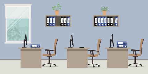 Office room. There is a workplace for three office workers in blue colors. Vector flat illustration. There are tables, chairs, computers, folders and other objects in the picture