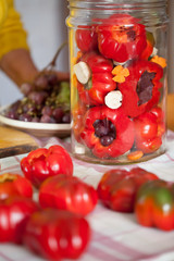 Fototapeta na wymiar Preparing Pickled Grape Filled Peppers