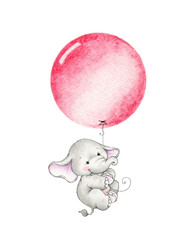 Cute elephant flying on red balloon