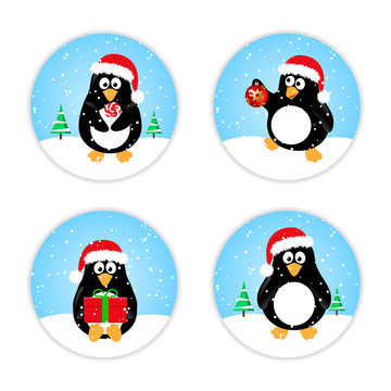 Set of cute winter penguins in Santa hat