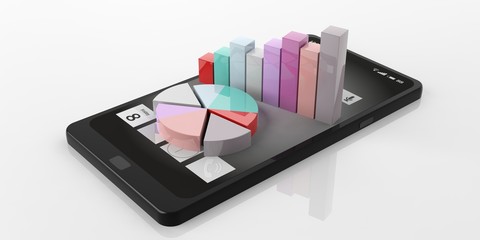 Bar and pie charts on a smartphone. 3d illustration