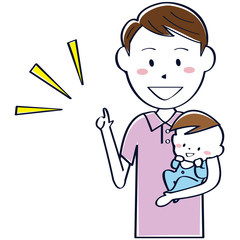 子供を抱えるイクメンパパ　上半身 ピンクのポロシャツ 指差し