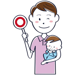 子供を抱えるイクメンパパ　上半身 ピンクのポロシャツ ○