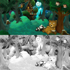 Cartoon colorful scene with animal friends resting under the tree - bear and badger - with coloring page - illustration for children