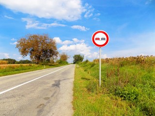 Overtaking roadsign near asphalt road in nature during sunny day