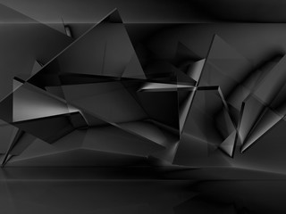 Black polygonal structure installation. 3d