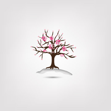 Stylized tree of cherry blossoms. Isolated beautiful cherry blossom tree. Spring cherry tree with pink blossom.