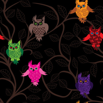 Owl bird vector seamless funny background with cartoon owls (seamless pattern)