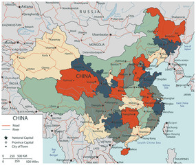 Fototapeta na wymiar Colorful China political map with selectable territories. Vector