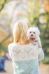 Small Dog on the shoulder of young woman looking into the camera