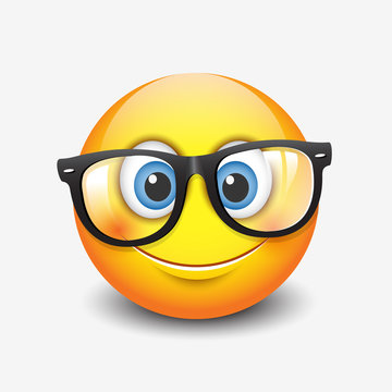Cute smiling emoticon wearing eyeglasses, emoji, smiley 