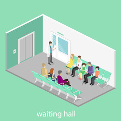 waiting room at the hospital. Visitors sit on the chairs in the corridor. patient waits to receive a doctor.