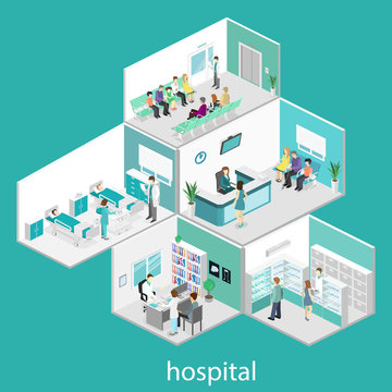 Isometric flat interior of hospital room, pharmacy, doctor's office, waiting room, reception. Doctors treating the patient. Flat 3D illustration